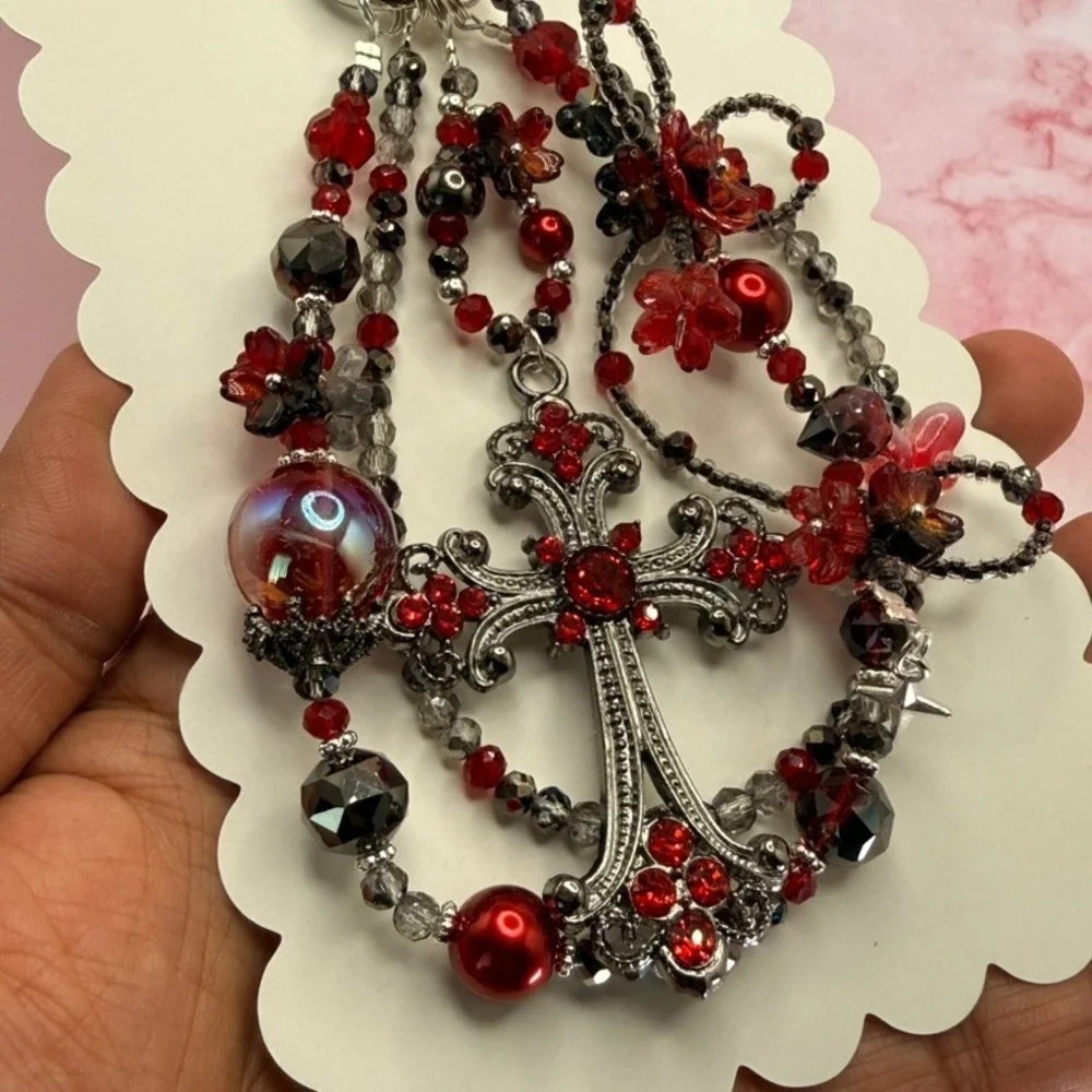Cross Gunmetal Red Crystal Beaded Baroque Phone Wristlet Bag Charm Keychain